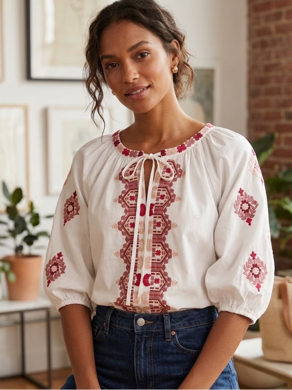 Solitaire Off-white Blouse with Pink & Burgundy Embroidery